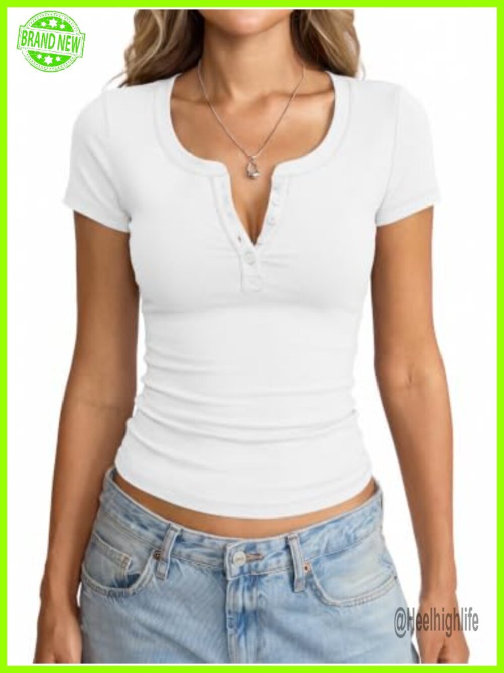 Fitted V Neck Henley T Shirt Cotton Blend Short Sleeve Button Down Tee